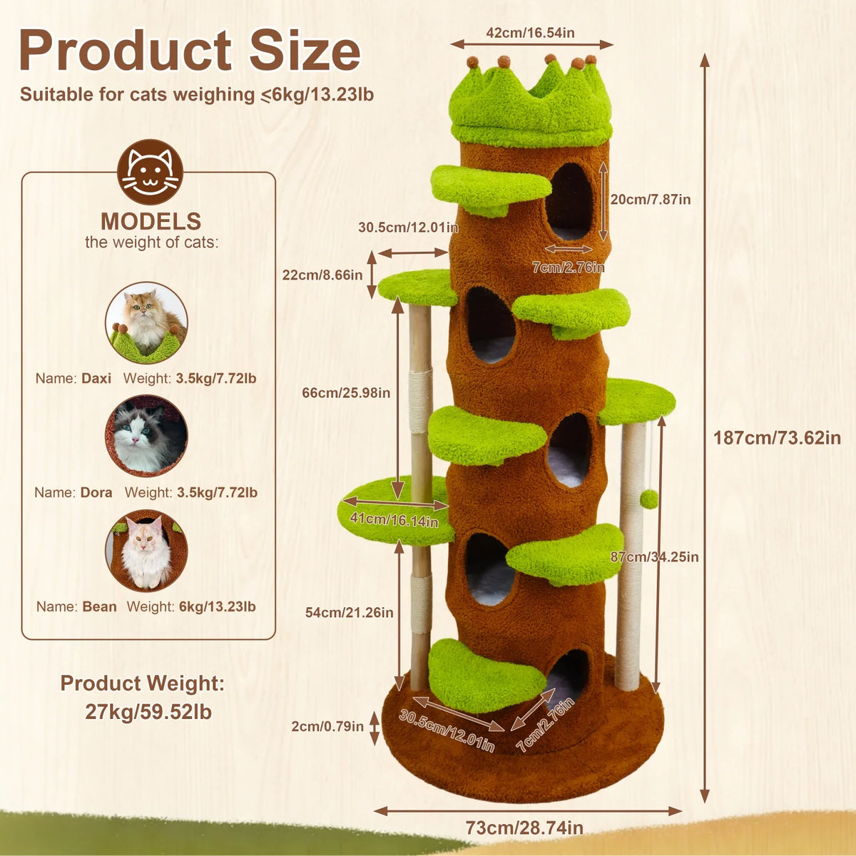 Heavy Duty Cat Tree 187CM Tall Sturdy Cat Tower Crown-shaped Top Perch Sisal Scratching Post Plush Cave for Multiple Cats Cat Climbing Tree Activity Center