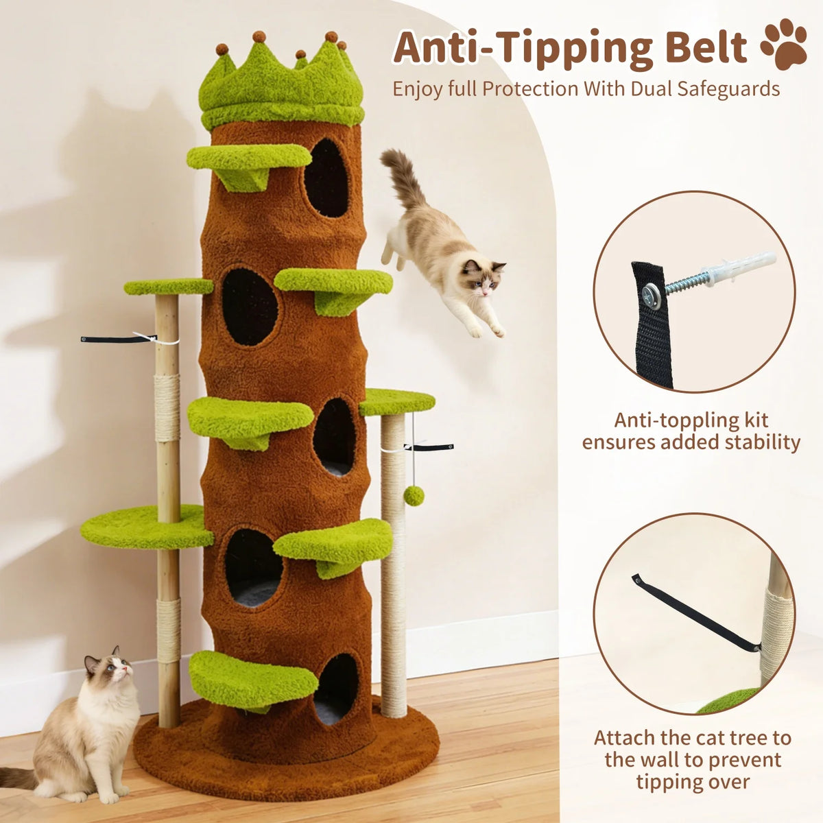 Heavy Duty Cat Tree 187CM Tall Sturdy Cat Tower Crown-shaped Top Perch Sisal Scratching Post Plush Cave for Multiple Cats Cat Climbing Tree Activity Center