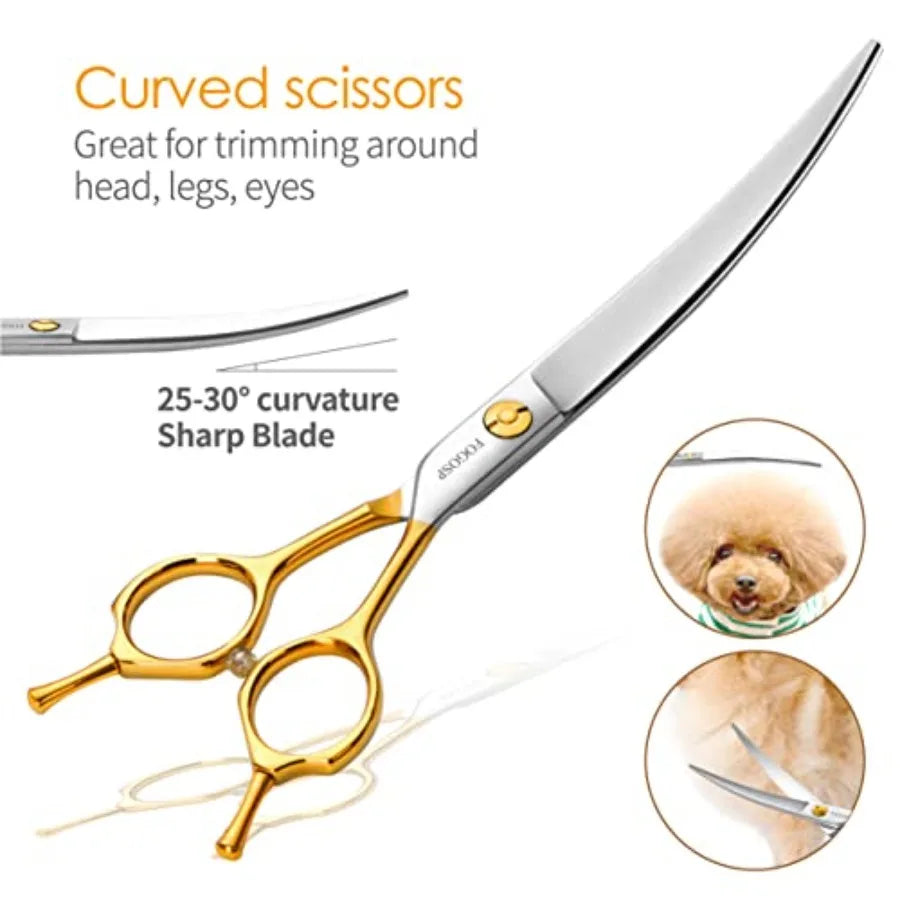 Dog grooming scissors kit for professional pet care: 7-inch curved, thinning, straight, and chunker shears in gold finish