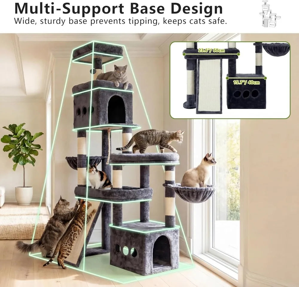 72.4-Inch Anti-Tip Cat Tower for Large Cats, All-in-One Cat Furniture with Spacious Perches, Multiple Interactive Areas, Extra-Large Sisal Scratching Board