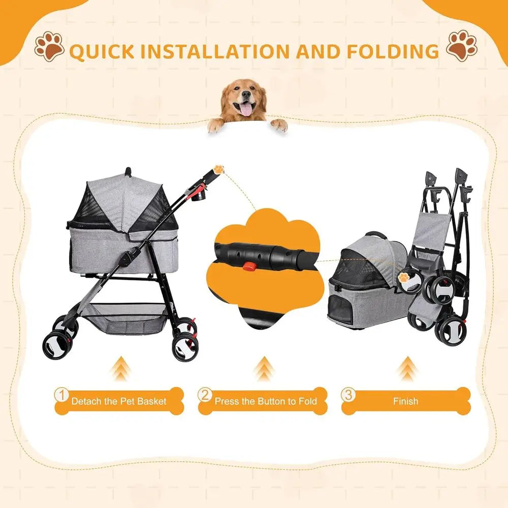 Pet Stroller, 3 in1 oldable Dog Cat Jogger Stroller with 4 Wheels, Detachable Basket and Cup Holder, Travel olding Carrier or Sm