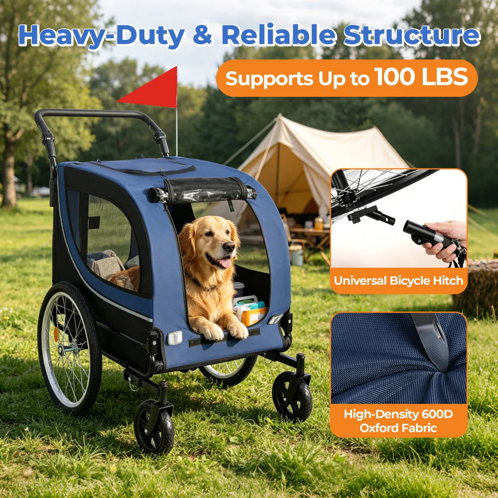 2-in-1 Bike Trailer & Pet Stroller for Dogs up to 100lbs, Foldable Large Dog Carrier Cart with 20 Inch Air-Filled Wheels, 8 Inch Front Caster Wheels, Breathable Mesh Windows, PVC Rain Cover, Quick Release Wheels, Heavy Duty F