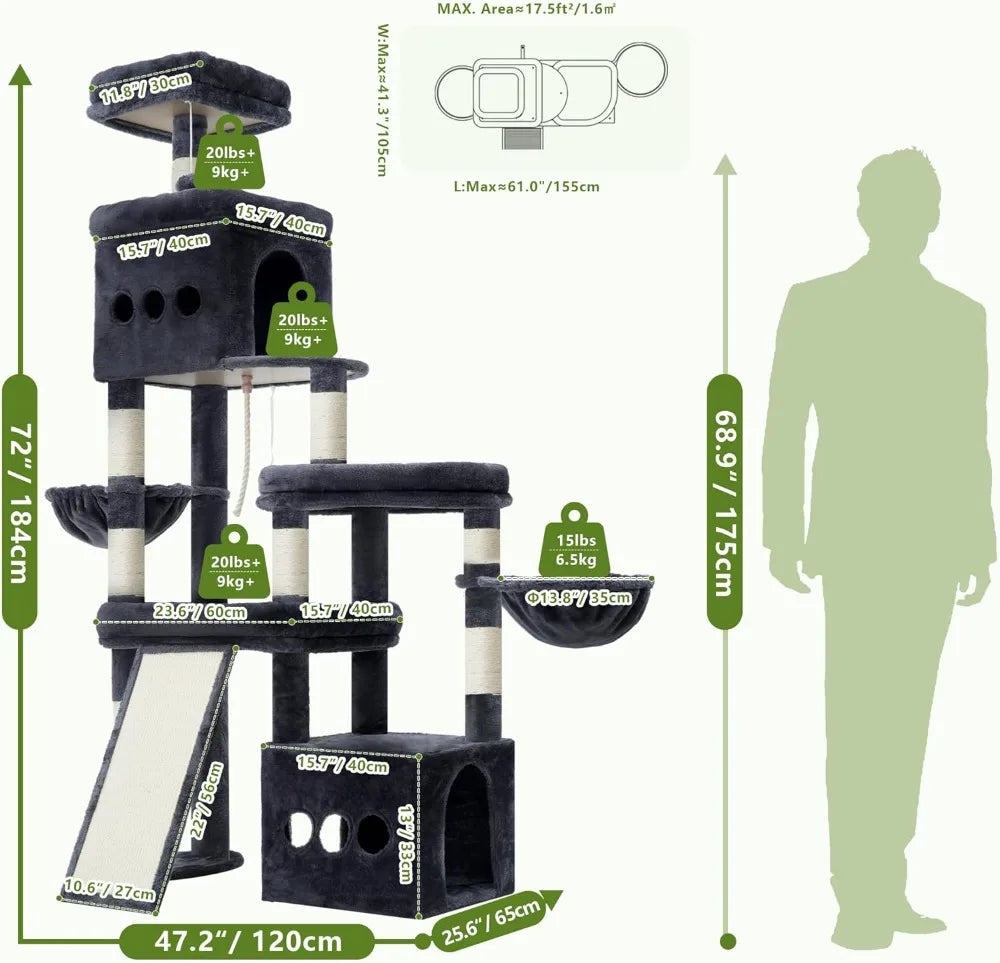 72.4-Inch Anti-Tip Cat Tower for Large Cats, All-in-One Cat Furniture with Spacious Perches, Multiple Interactive Areas, Extra-Large Sisal Scratching Board