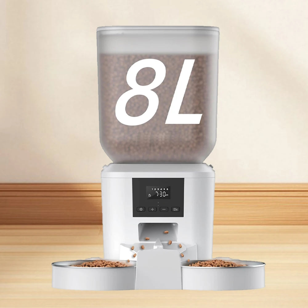 8L Large Capacity Automatic Pet Feeder with Dual Stainless Steel Bowls, Smart Portion Control Food Dispenser for Multi-pet