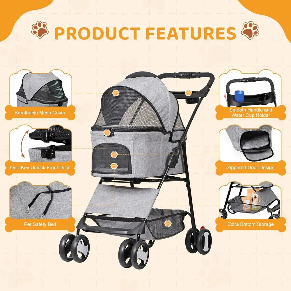 Pet Stroller, 3 in1 oldable Dog Cat Jogger Stroller with 4 Wheels, Detachable Basket and Cup Holder, Travel olding Carrier or Sm