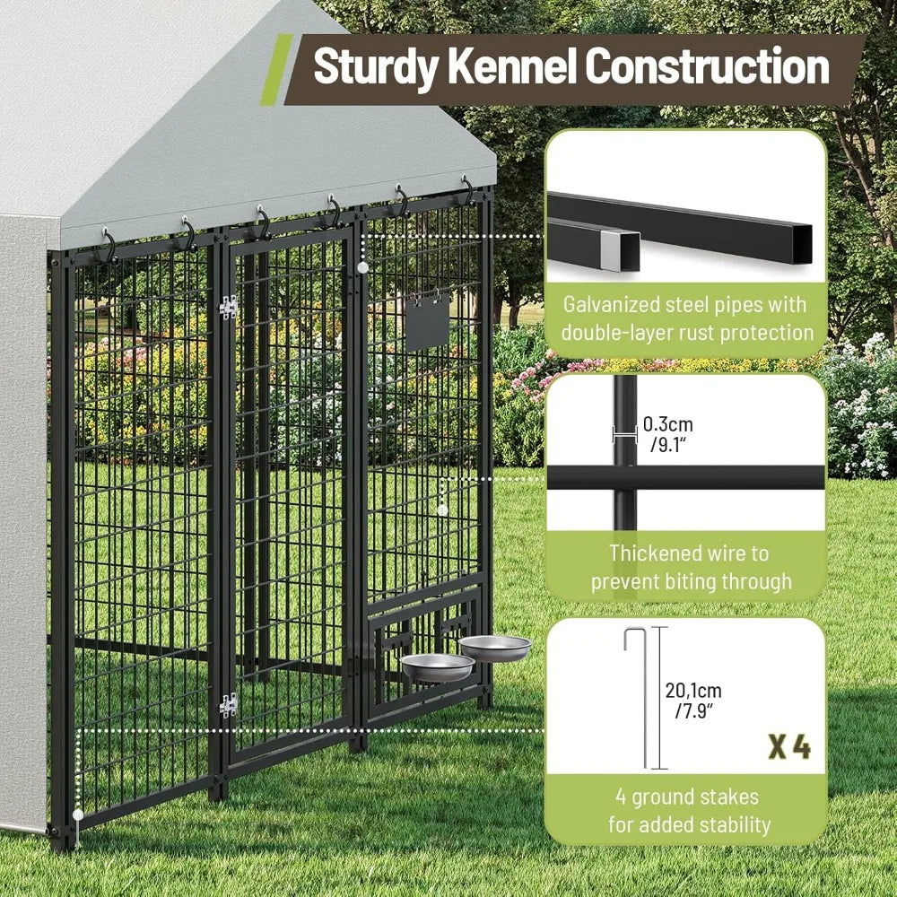 Outdoor Dog Kennel with Cover,  Dog Kennel Outside with Waterproof Roof, Rotating Feeding Bowls, Heavy Duty Large Dog，Customized