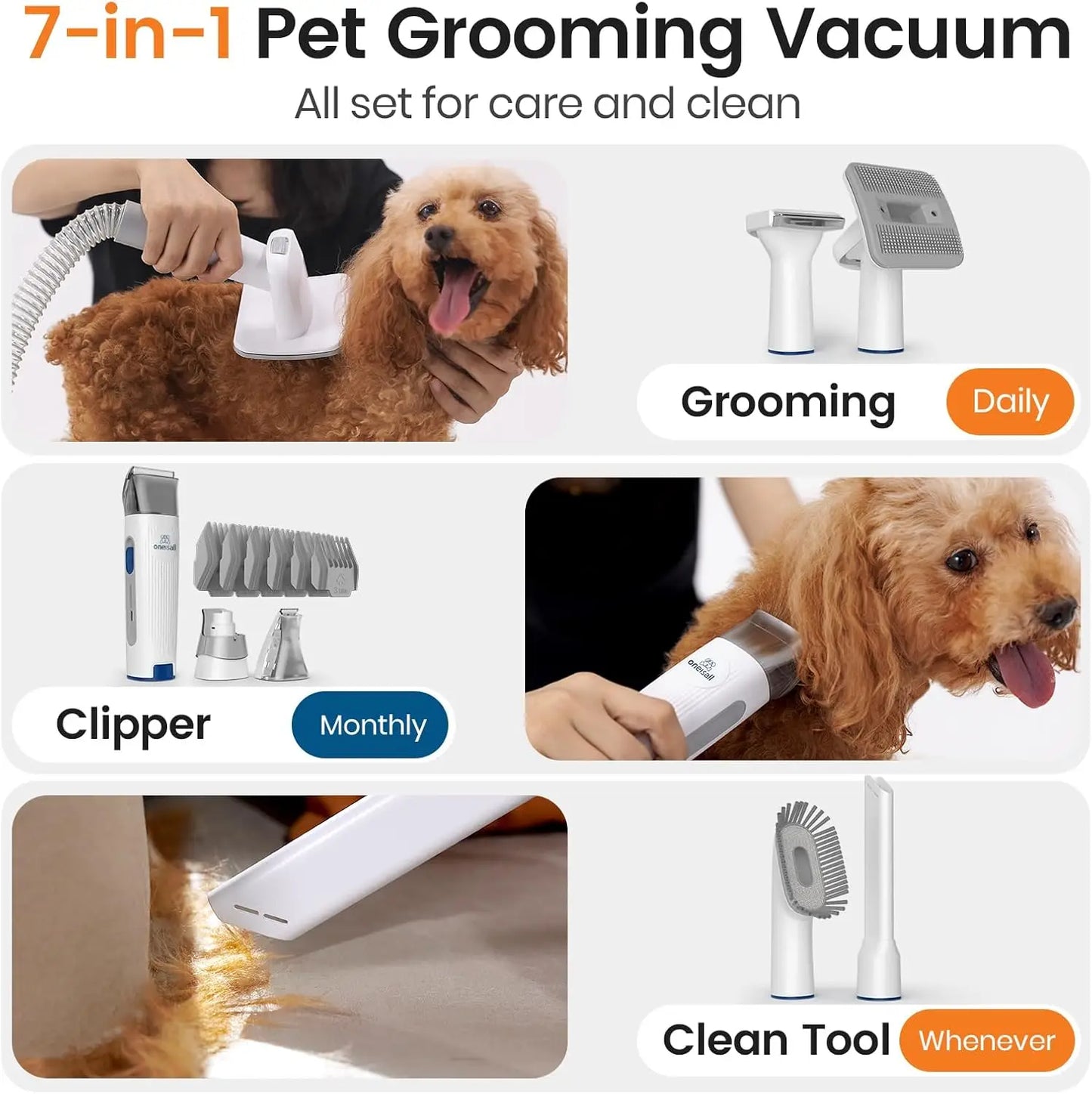 oneisall Dog Grooming Vacuum, Pet Grooming Vacuum with Clipper Nail Grinder, 1.5L Dust Cup Dog deshedding Brush with 7 Tools for Shedding Pet Hair, Home Cleaning(Blue)