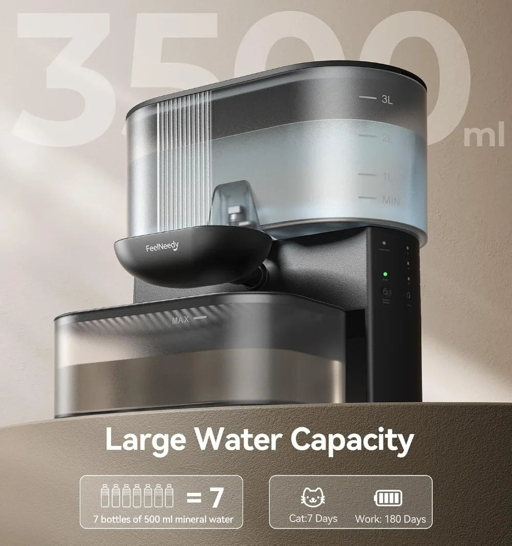 Wireless Cat Water Fountain No Filters, Wastewater Separation, Stainless Steel Bowl, 3.5L Pet Water Dispenser for Cats & Dogs