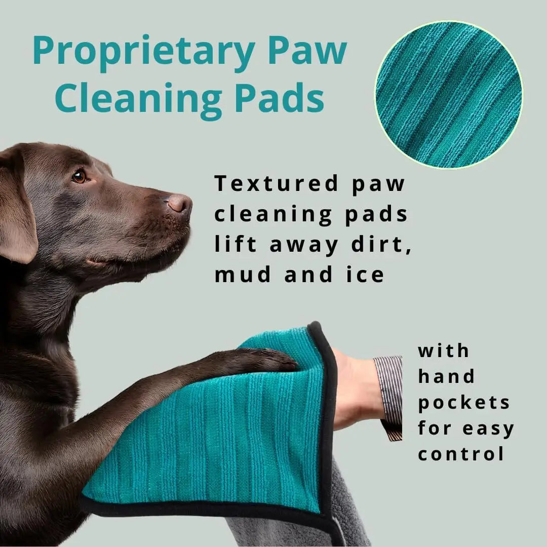 Super Absorbent Microfiber Dog Towel & Paw Cleaner with Hand Pockets, Quick Dry, Machine Washable, Hanging Loop, for All Breeds