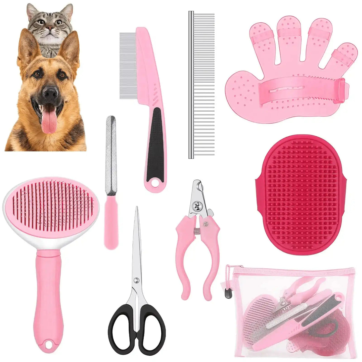 9pcs Dog Grooming Brush Deshedding Kit - Self-Cleaning Slicker Brush, Dematting Rake, Flea Comb, Nail Clippers & File, Pet Grooming Tools With Adjustable Strap And Scissors, For Dogs