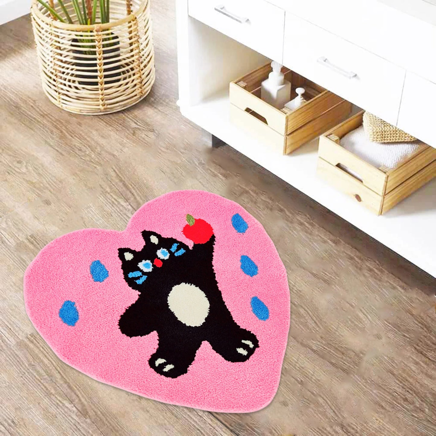 Cute Paw Print Non-Slip Door Mat Heart-Shaped Entrance Rug for Home Decor Absorbent Cat Theme Bathroom Carpet