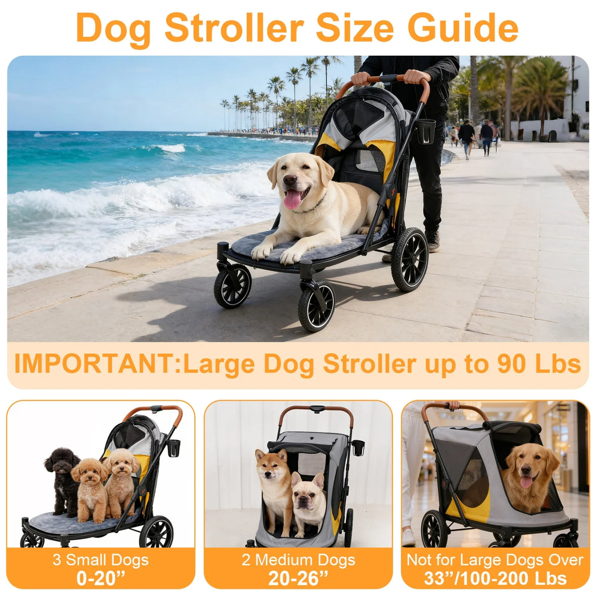 4 Wheels Dog Stroller for Large Dogs Up to 42kg One-click Folding Pet Carrier Stroller Jogger Cart with Storage Pockets