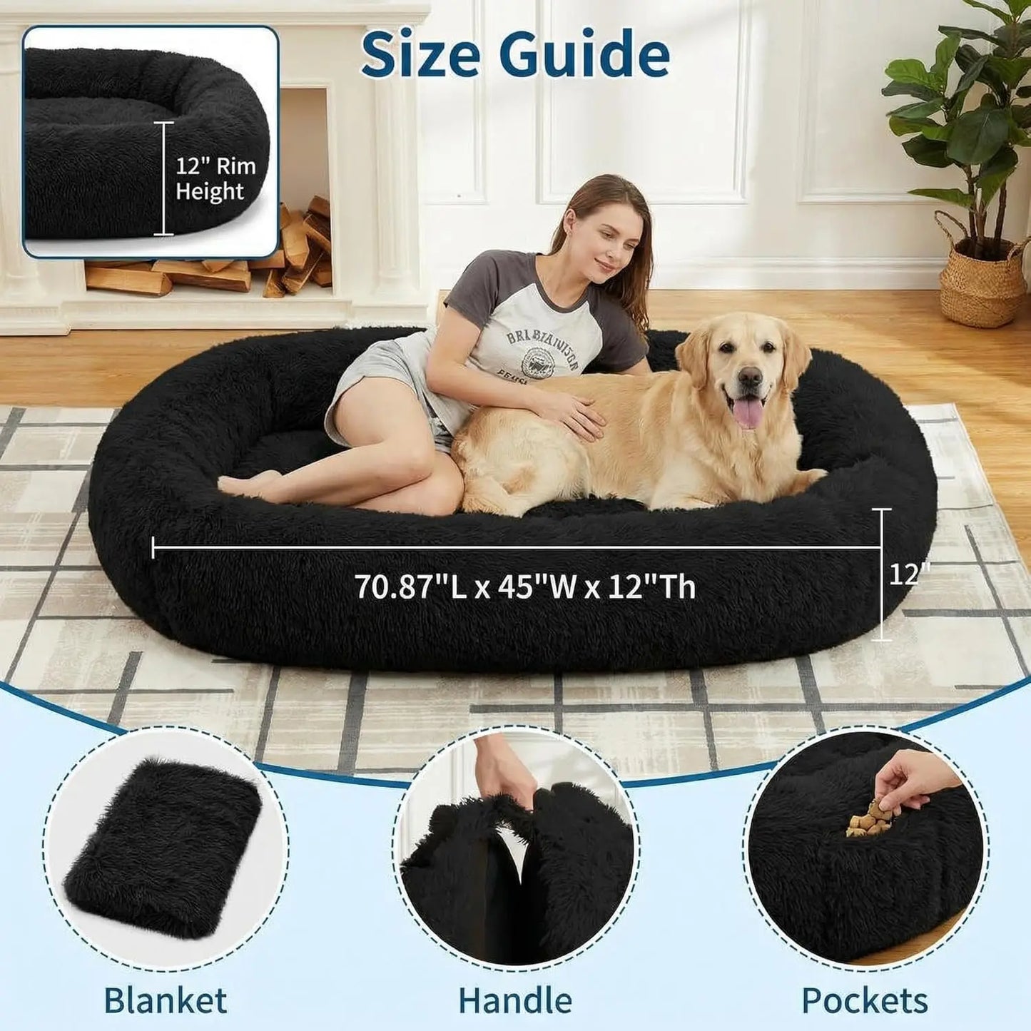 Garvee 71" x 45" Human-Sized Dog Bed, Large Orthopedic Pet Bean Bed with 2 Storage Pockets, Fluffy Faux Fur Bed for Adults & Giant Pets Black