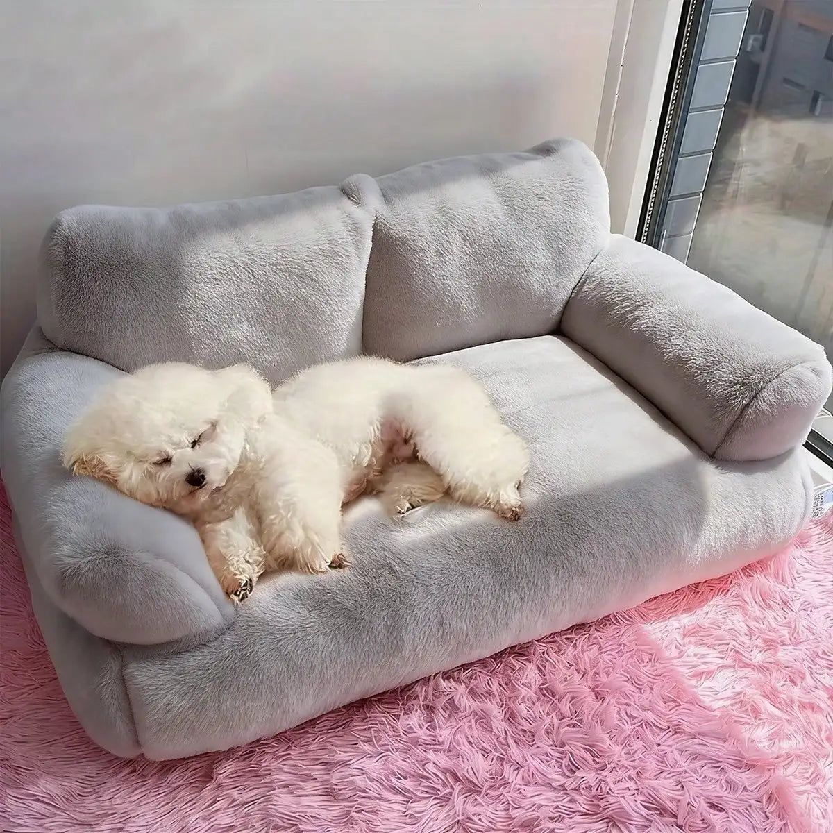 Cozy Plush Dog Sofa Bed for Medium Dogs and Cats, Raised Edge Washable Pet Couch with Non-Slip Bottom for Indoor Lounging