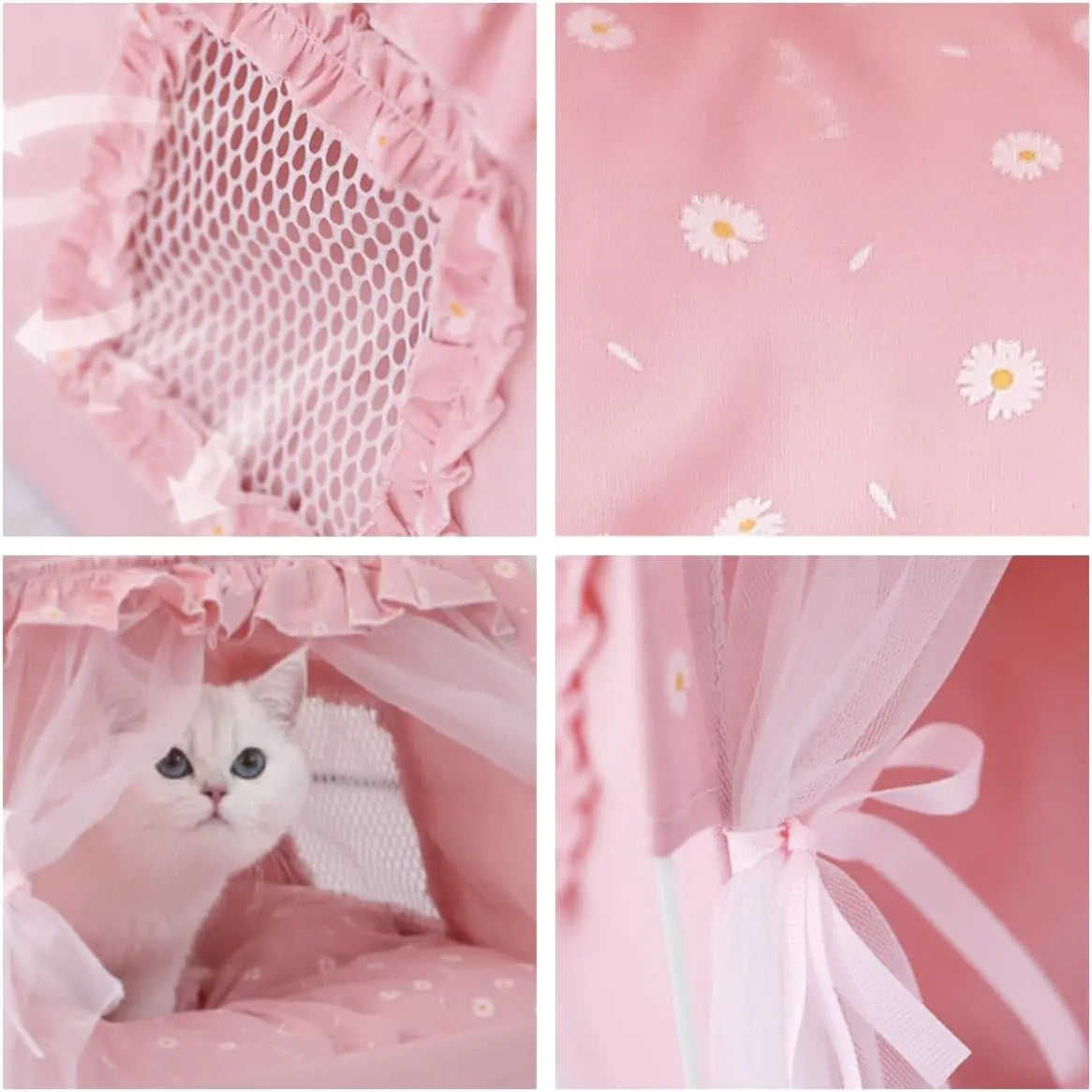 Selena Cat Bed Tents Dog House Indoor Outdoor Lace Mesh Breathable Windows Door Curtains Removable Portable Nest Teepe House (Small,Pink(Ruffled Teim))