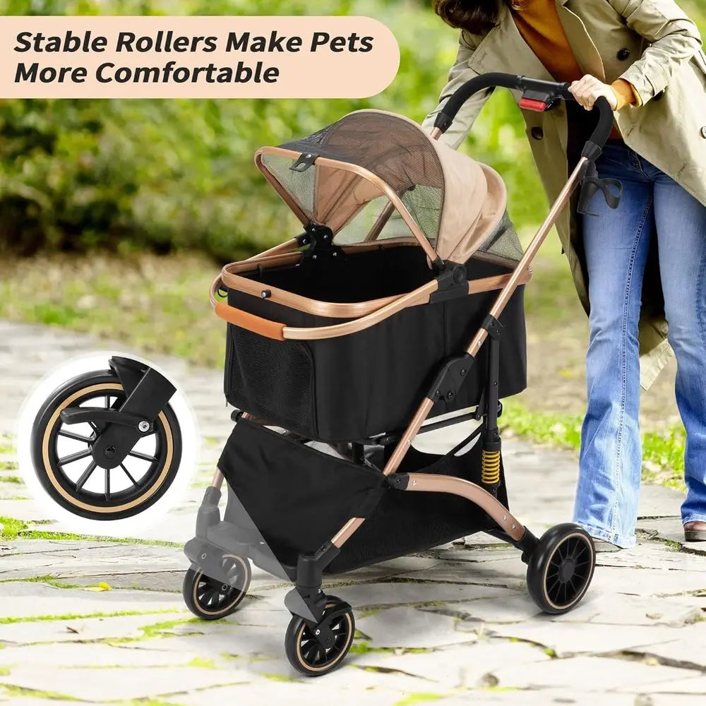 Dog Stroller or Pets, One Hand old Puppy Stroller with 6 Shock Absorbers, Removable Cabin & Storage Basket, 4 Wheels Dual Brakes